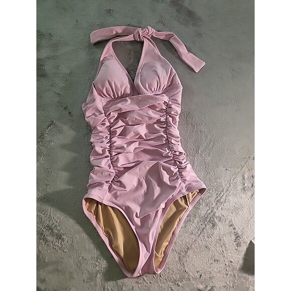 J. Crew Other - J. Crew Swimsuit Women's Size 0 Pink Ruched V-Neck One-Piece Tie Around Neck